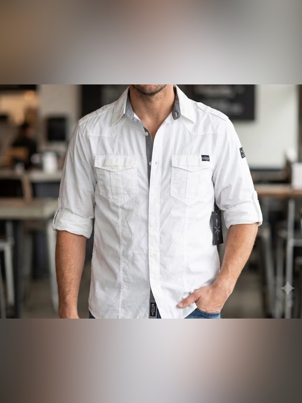 Marc Ecko White Casual Button-Down Shirt size M